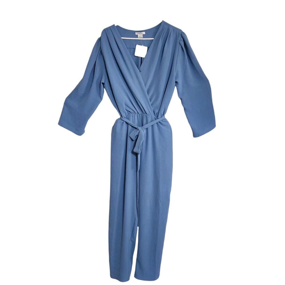 New Fraiche By J Womens Size XL Blue Tie Waist 3/4 Sleeve Jumpsuit
